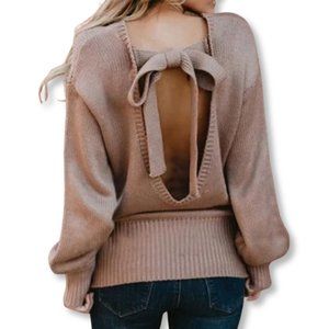 Lightweight Open Back Tie Back Oatmeal Brown Sweater w Bell Sleeve Size S or M